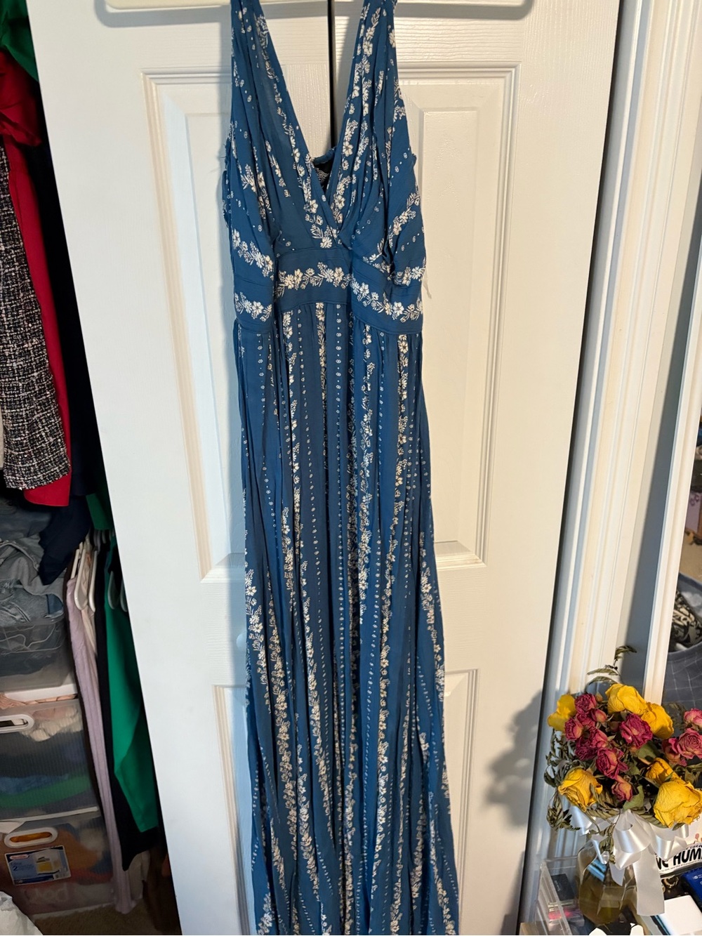 Angie Blue Floral Maxi Dress with V-Neck